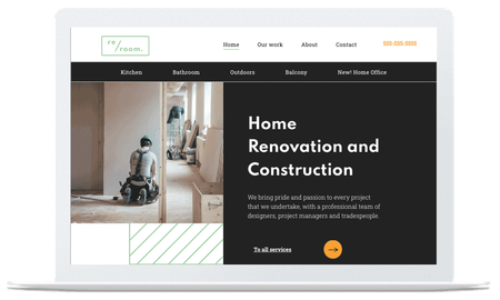 A laptop is open to a home renovation and construction website.