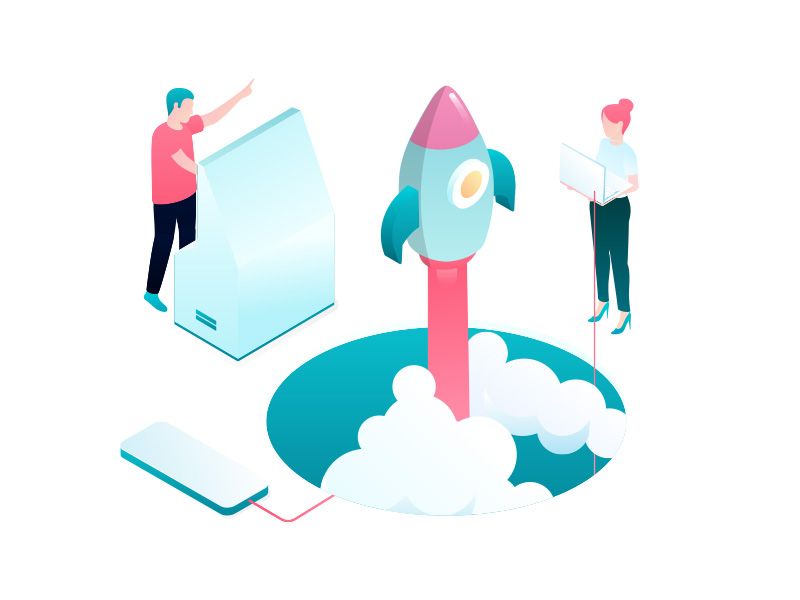 A man and a woman are standing next to a rocket that is flying through the air.