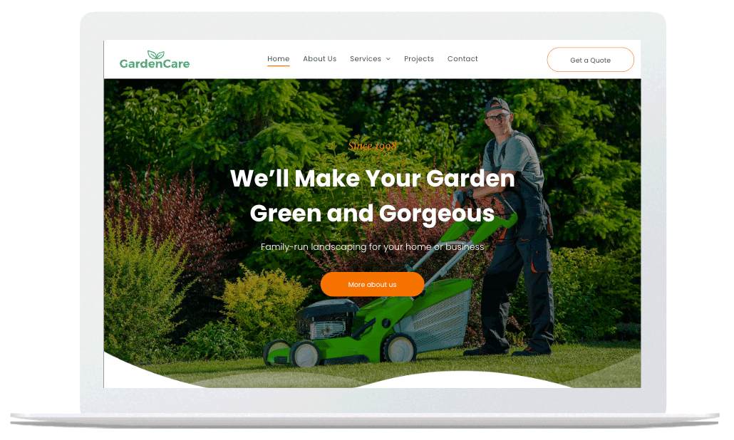 A man is mowing the grass with a green lawn mower on a laptop screen.