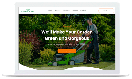 A man is mowing the grass with a green lawn mower on a laptop screen.