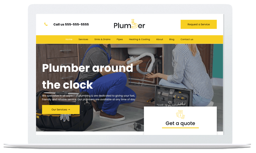 A laptop screen shows a plumber around the clock website.