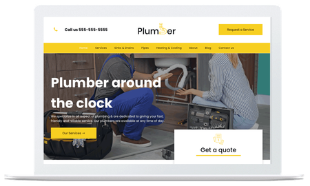 A laptop screen shows a plumber around the clock website.