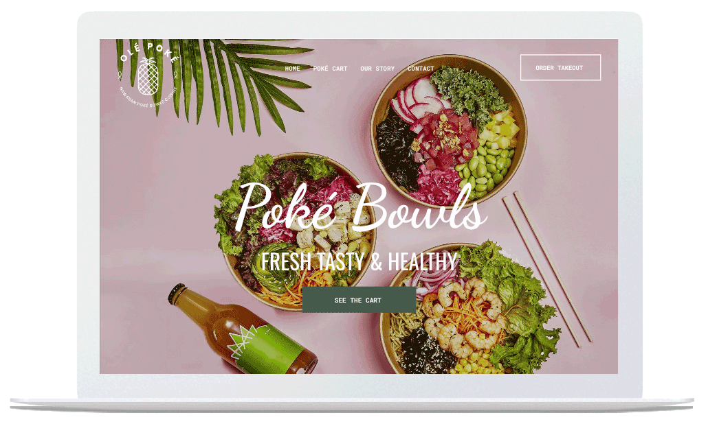 A laptop screen shows a website for poke bowls.
