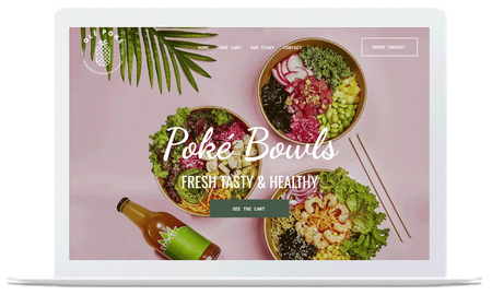 A laptop screen shows a website for poke bowls.