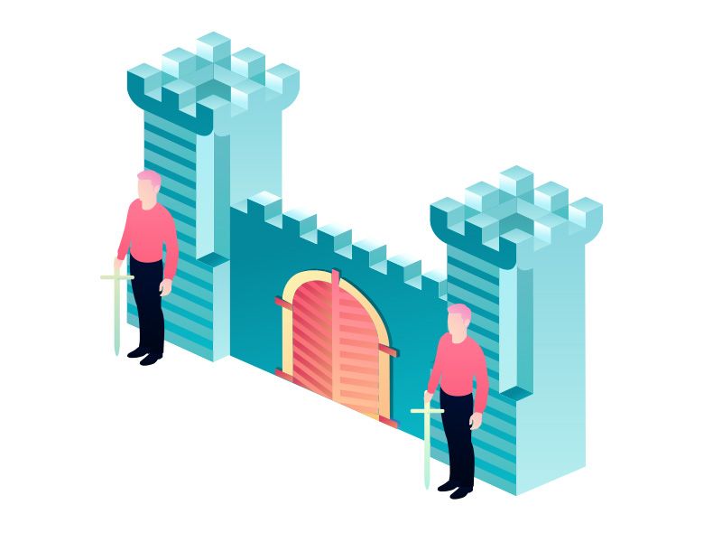 Two men are standing in front of a castle holding swords.
