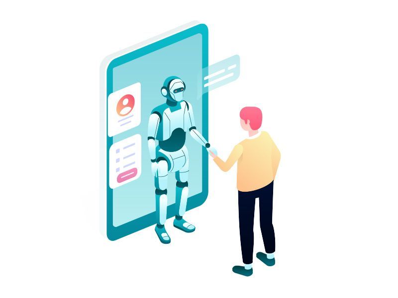 A man is shaking hands with a robot on a cell phone.