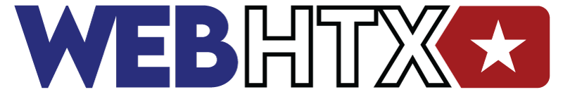 A red white and blue logo for WebHTX