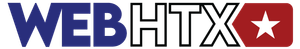 A red white and blue logo for WebHTX