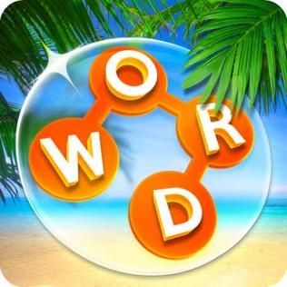 A logo for a word game with a beach in the background.