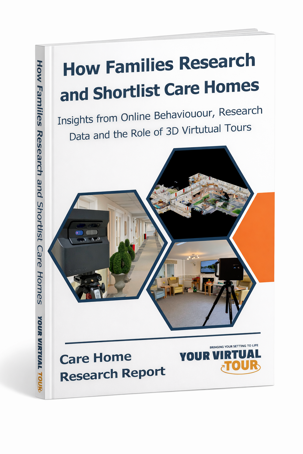 Book cover titled “How Families Research and Shortlist Care Homes” with hexagon photos and orange accents