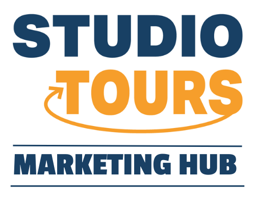 The logo for studio tours marketing hub is blue and orange