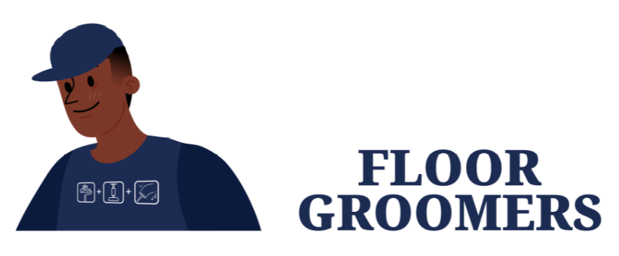 A man wearing a blue hat and a shirt that says floor groomers