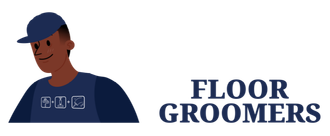 A man wearing a blue hat and a shirt that says floor groomers