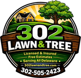 302 Lawn & Tree logo with house, tree, green grass, and phone number 302-505-2423
