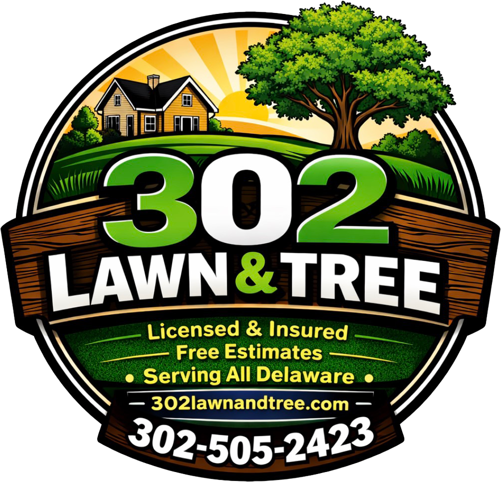 302 Lawn & Tree logo with house, tree, green grass, and phone number 302-505-2423