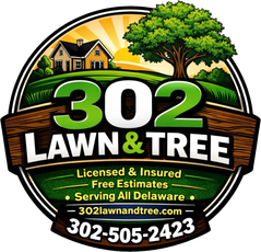 302 Lawn & Tree logo with house, tree, green grass, and phone number 302-505-2423