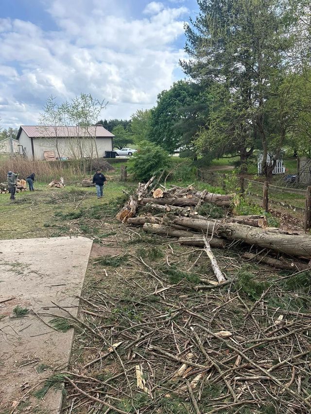 Rural yard with stacked logs, trees, a small house, and two people clearing brush under a cloudy sky