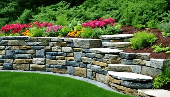 Curved stone retaining wall with pink flowers and lush green landscaping on a hillside