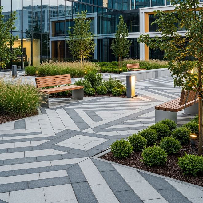 Modern courtyard with patterned stone walkway, benches, greenery, and glass office buildings.