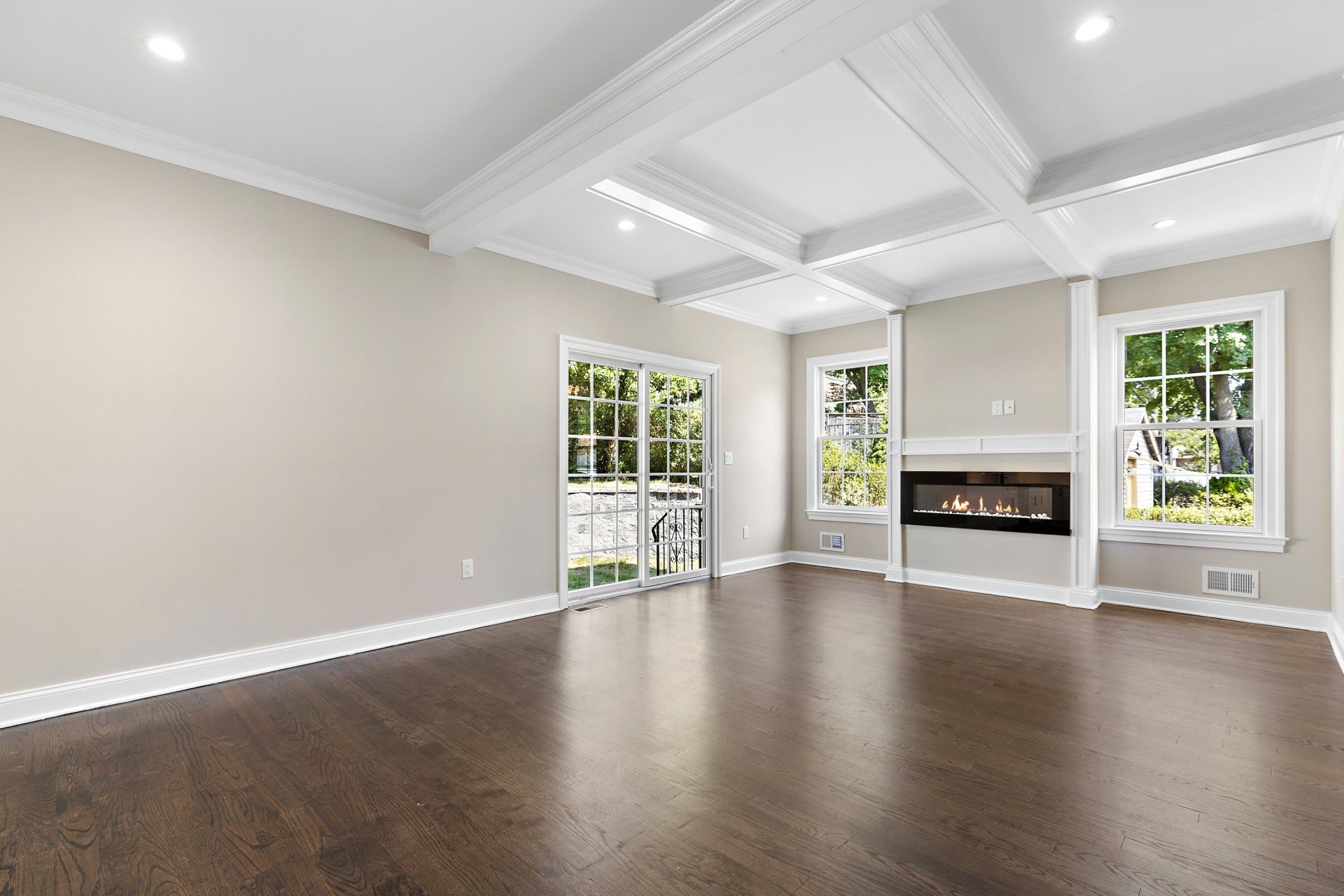 sliding door and fireplace room