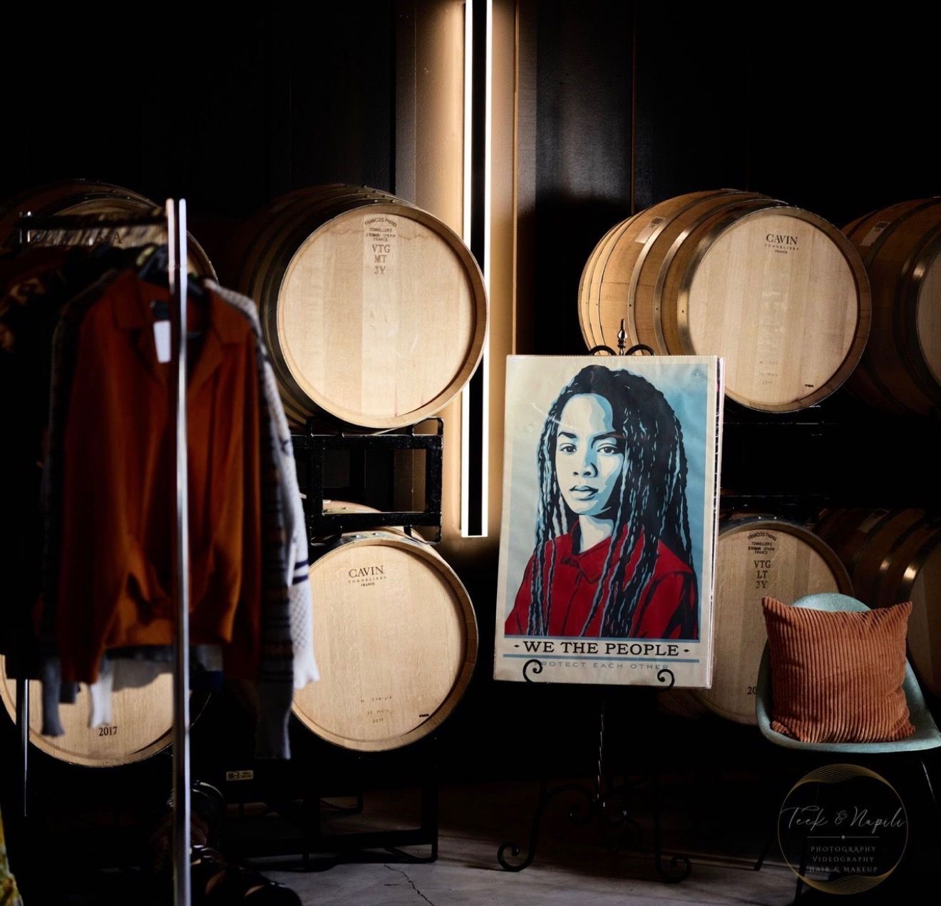 Wine barrels and vintage art at Vintage Vino and Vinyl 80's Night, Resistance Wine Company, Ashland Oregon