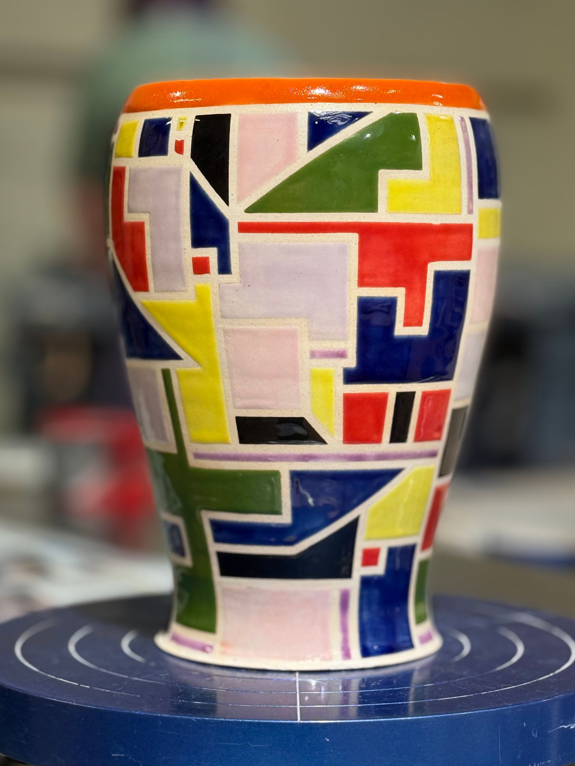 Colorful geometric ceramic vase by artist Peter Dylan O'Connor, Resistance Wine Company, Ashland Oregon