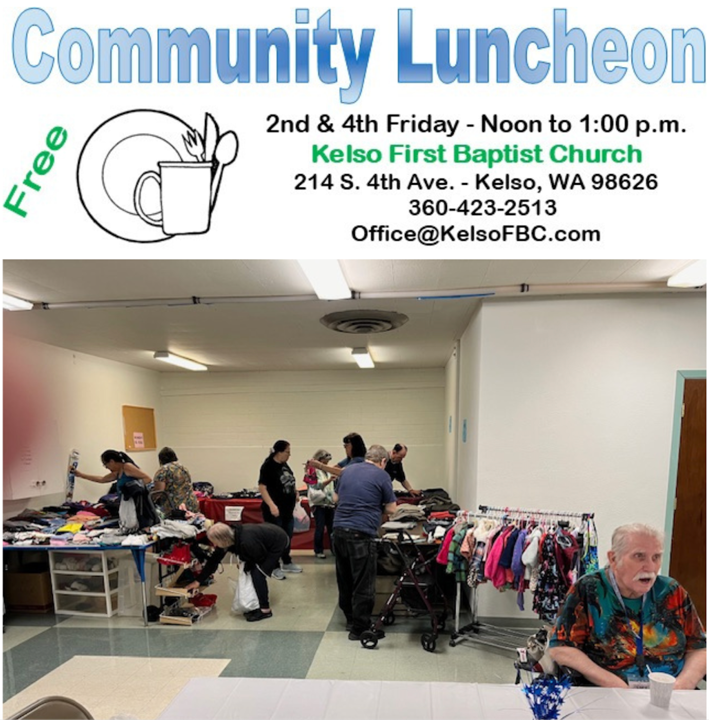 An advertisement for a community luncheon at kelso first baptist church