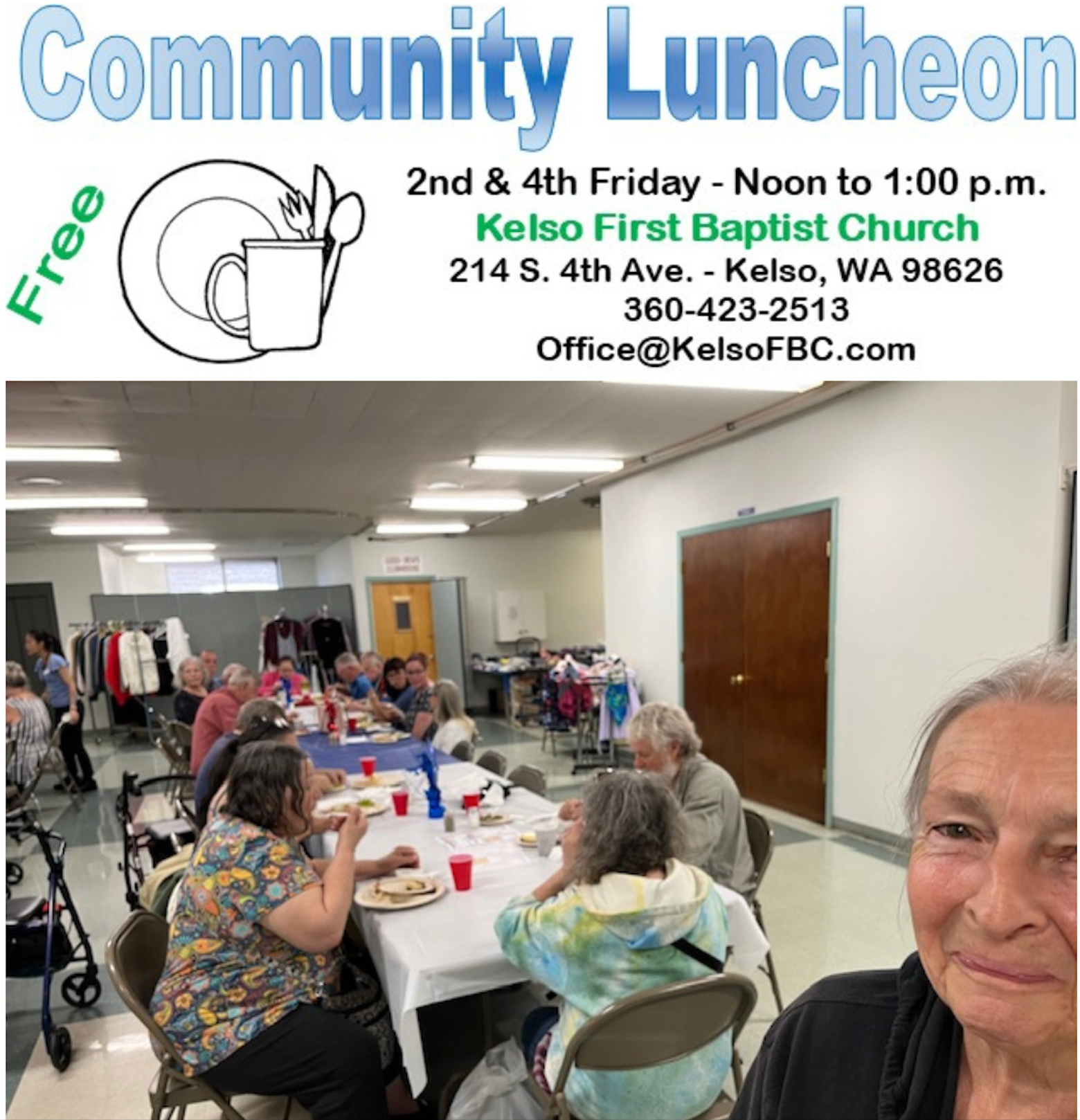 A group of people are sitting at tables in a community luncheon