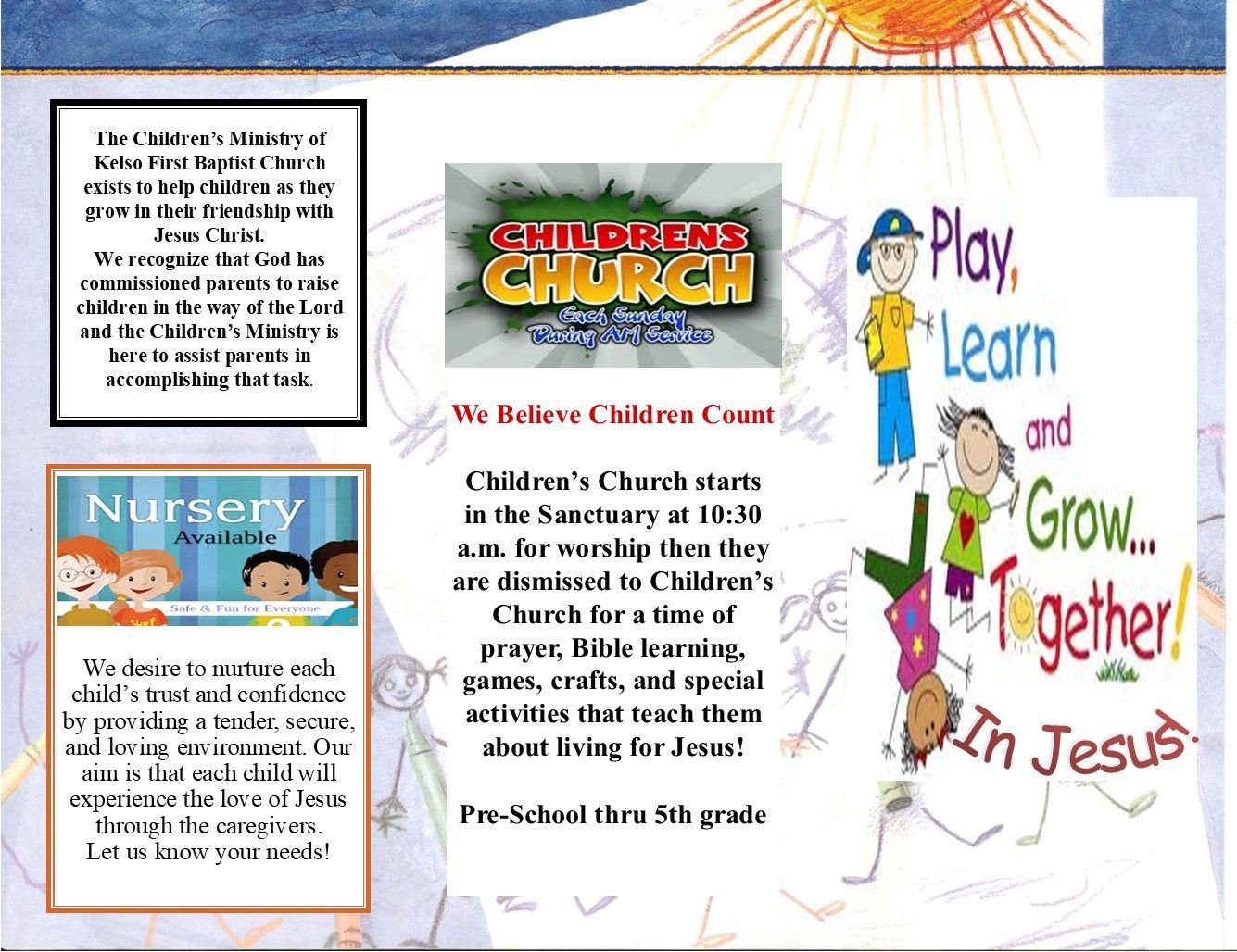 A pamphlet that says play learn and grow together in jesus