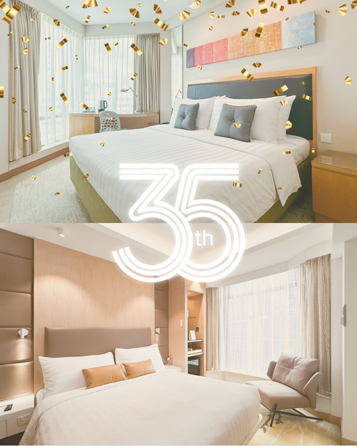Two elegant bedrooms with white and beige decor, overlaid with “35 Anniversary” text