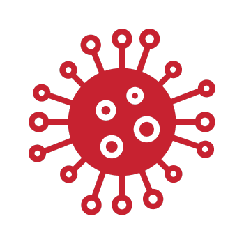 A red icon of a virus with white dots on a white background.