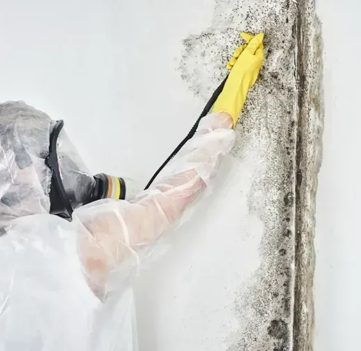 A person wearing a gas mask and yellow gloves is cleaning a wall.