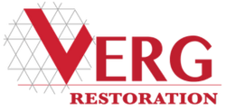 A red and white logo for verg restoration