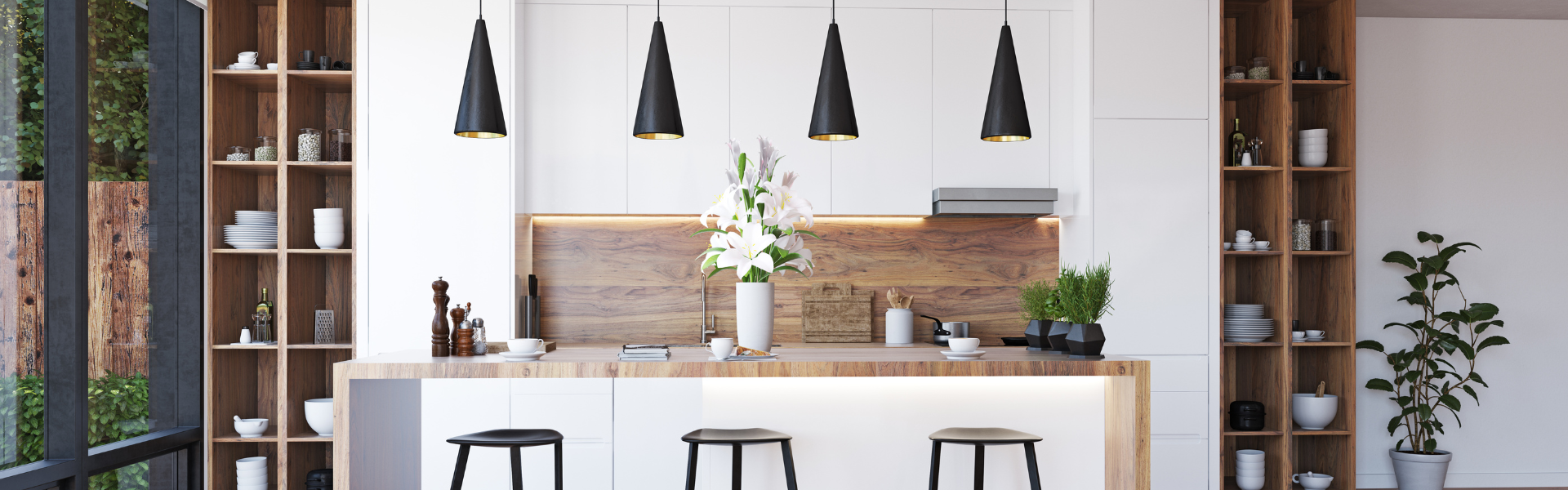 A modern kitchen with white cabinets , wooden counter tops , stools , and shelves.