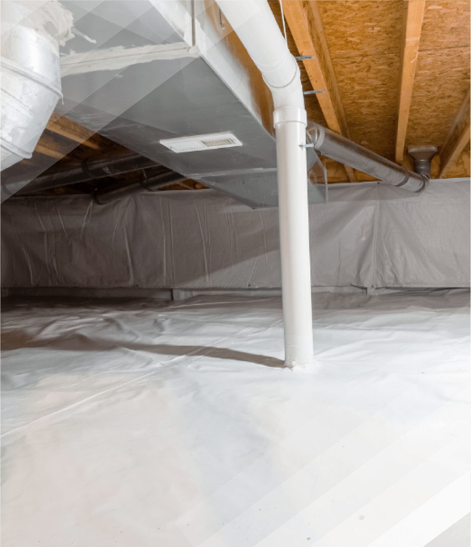 The ceiling of a basement is covered in plastic.