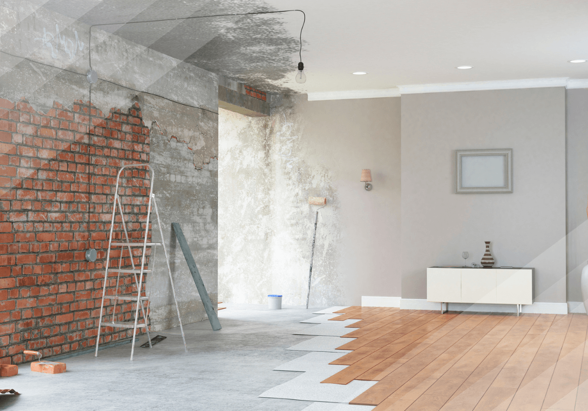 A before and after picture of a living room being remodeled.