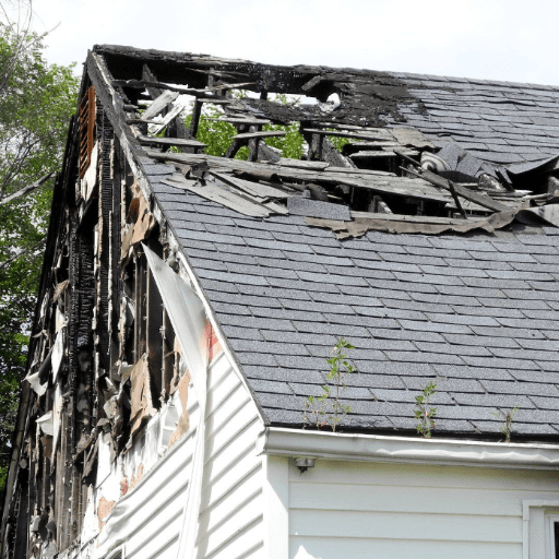 A white house with a roof that has been damaged by fire.