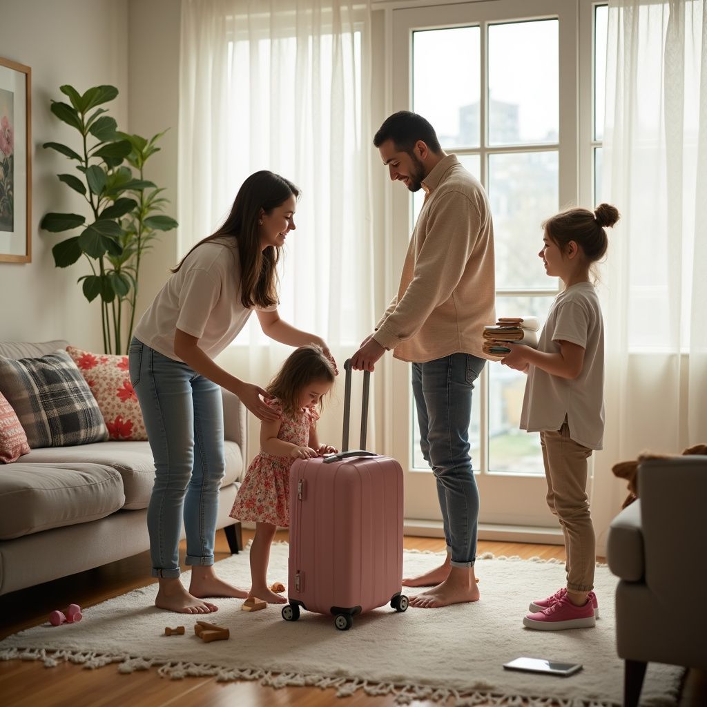 Family packing a pink suitcase in a bright living room, preparing for a trip.