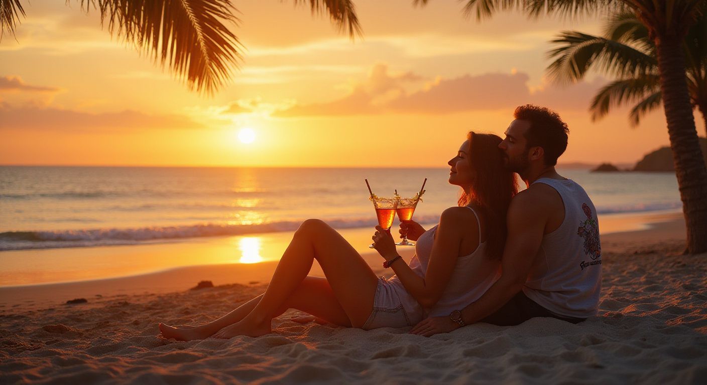 Couple relaxing on a tropical beach at sunset, sipping drinks under palm trees