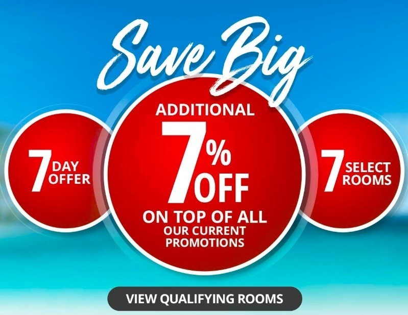 Blue promo banner: “Save Big” with 7-day offer, additional 7% off, and 7 select rooms.
