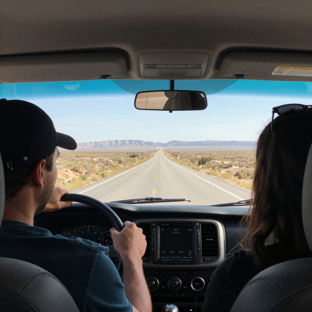 Two people in a car driving down an empty desert highway toward distant mountains.