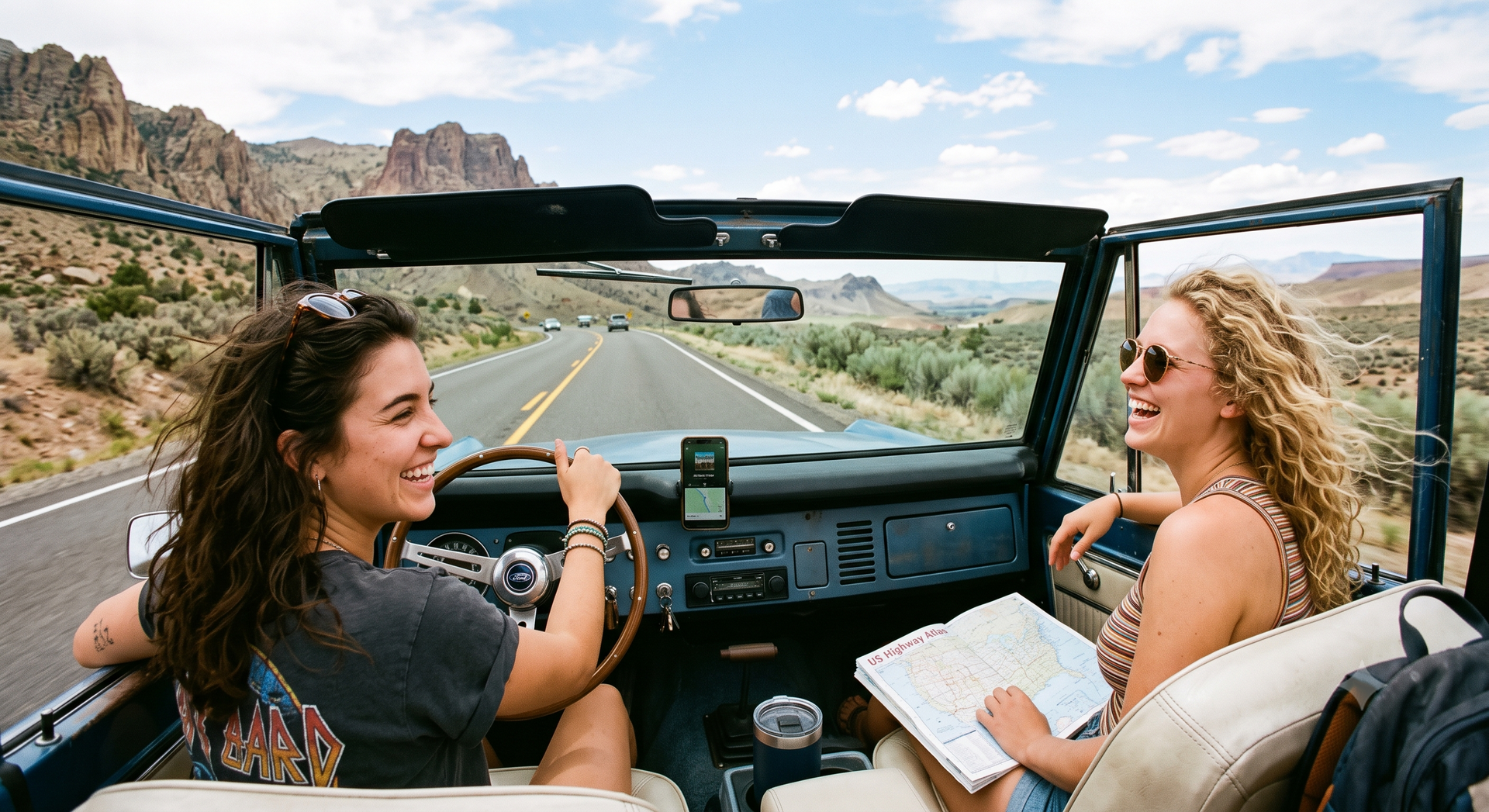 Two women ride in an open-top car on a scenic desert road, smiling at the camera.
