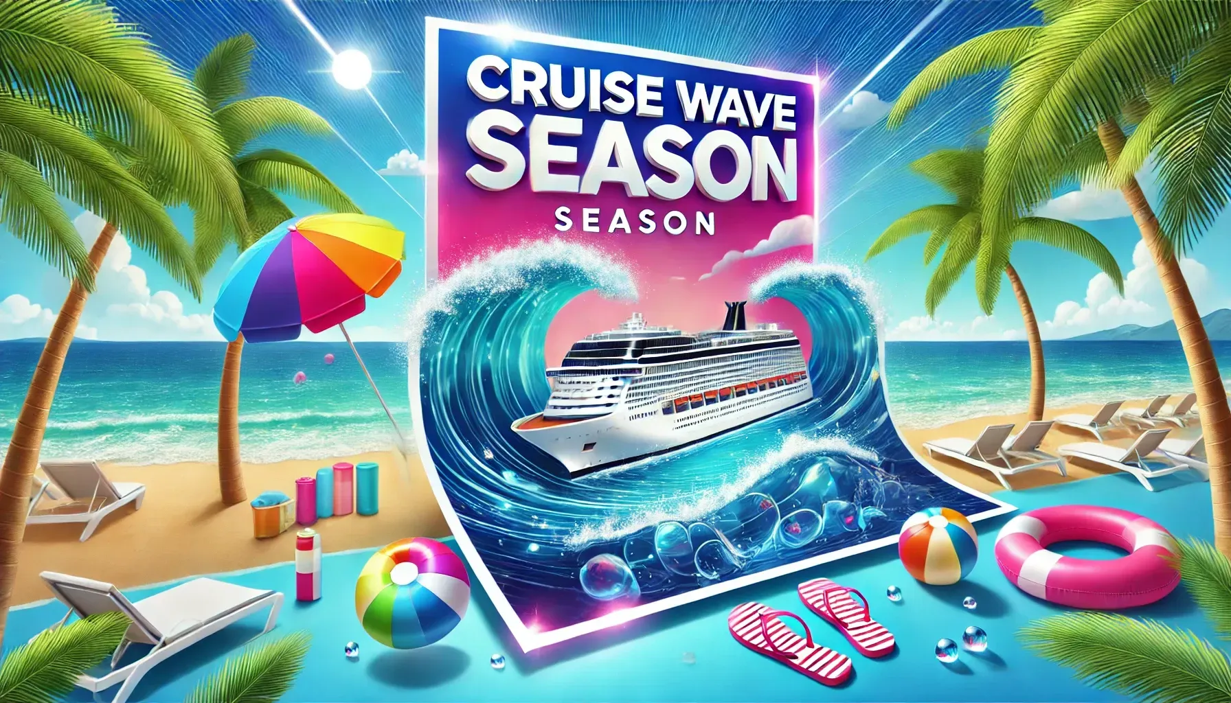 Colorful cruise season ad on a tropical beach with a ship, palm trees, umbrellas, and beach gear