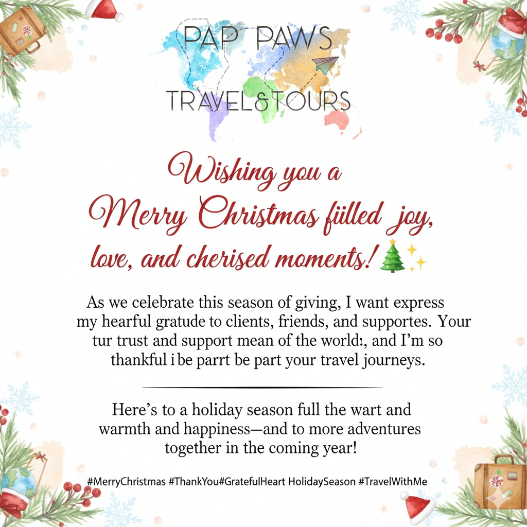 Christmas card from Paws Travel & Tours wishing joy, love, and cherished moments in a festive holiday design