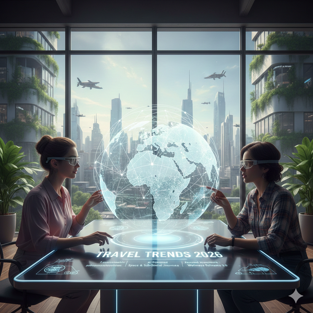 Two people sit at a high-tech table interacting with a glowing digital globe against a futuristic city skyline backdrop.