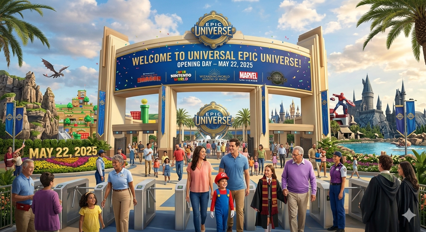 Crowd entering Universal Epic Universe under a blue welcome arch on a sunny day, with fantasy-themed landmarks beyond