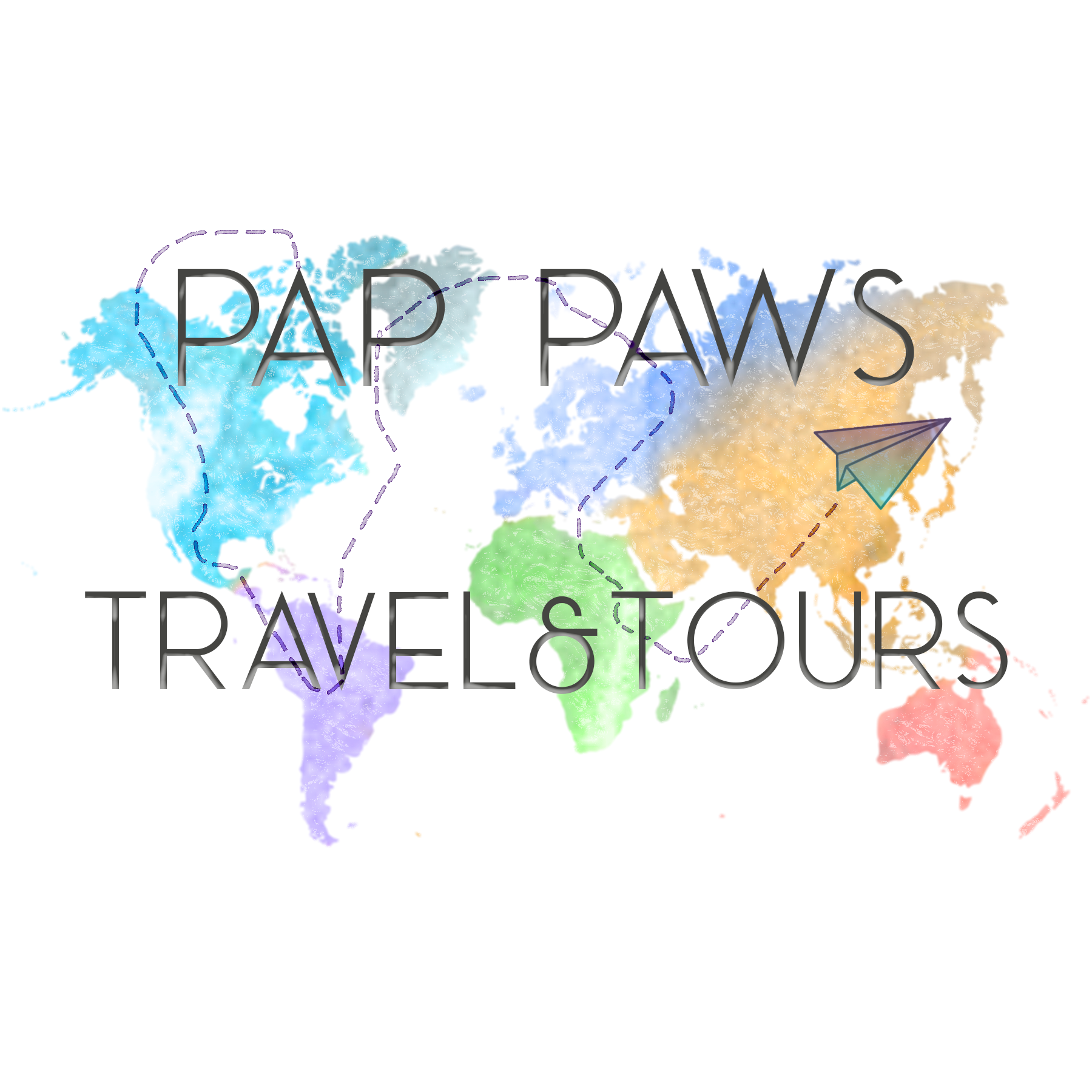 A watercolor world map behind the text