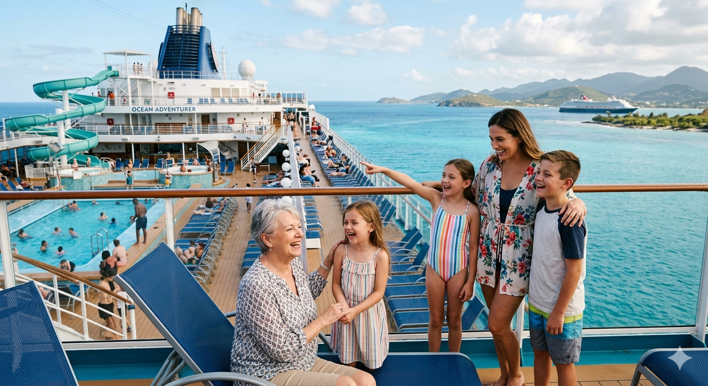 Family posing on a cruise ship deck with turquoise water and another ship in the background