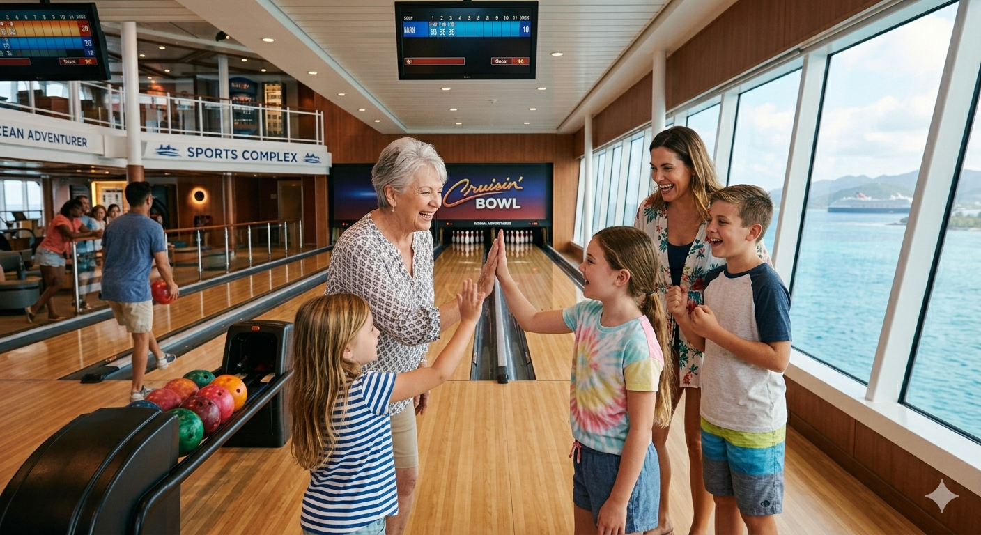 A group of people high-fiving at a bowling alley on a cruise ship with ocean views through large windows.