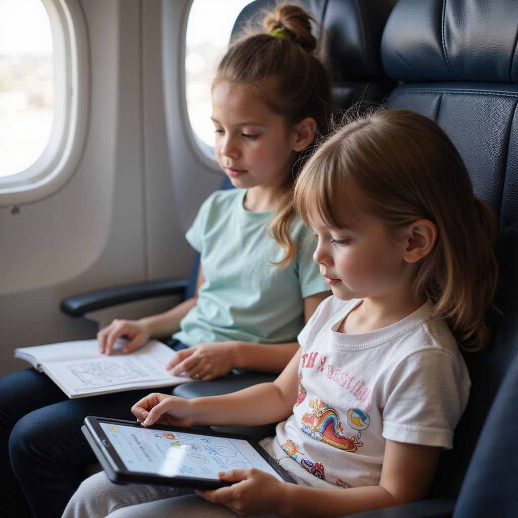 Two children using tablets while seated on an airplane beside a window
